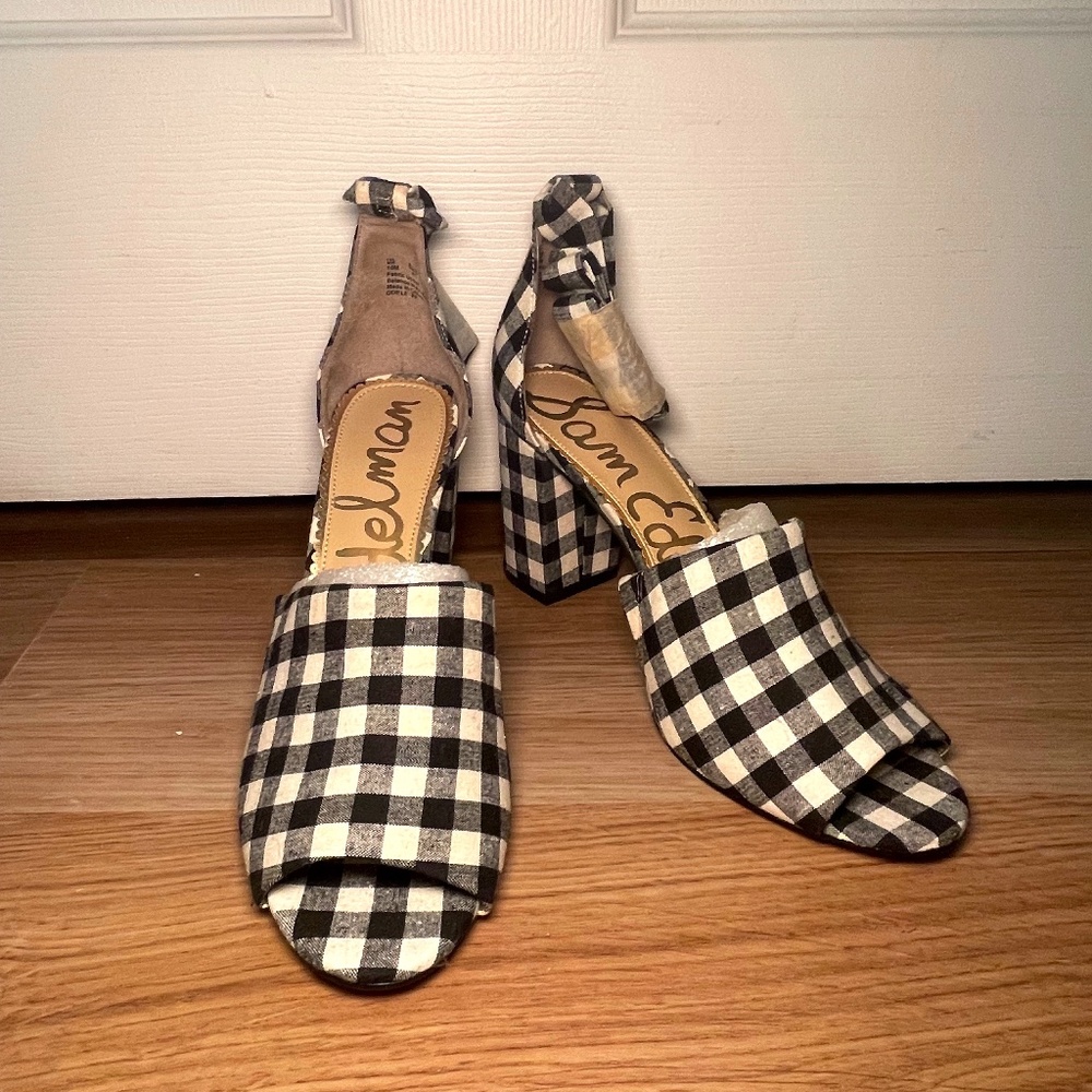 Sam Edelman Gingham Open Toe Heels Size 10 Black N White Wrap Up Pin Up Style